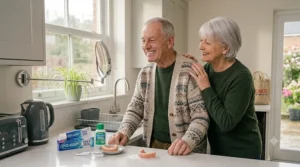 An elderly couple checking the fit and stability of dentures in a home kitchen.