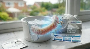 An illustration showing DentureShield active antibacterial technology working inside a cleaning pot to eliminate microscopic bacteria.