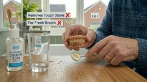 A high-quality, professional image of a bottle of premium denture cleaning solution, presented as the ideal choice for everyday denture maintenance.