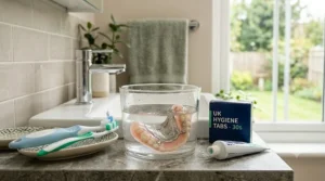 Essential tools for a daily denture hygiene routine, including a denture brush and cleaning solution.
