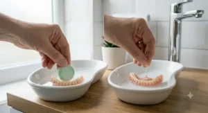 Illustrated comparison of the portability of compact denture tablets (ideal for travel) versus a larger solution bottle.