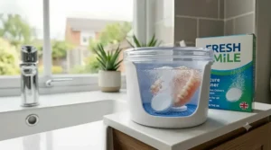 A denture submerged in a specialised hygienic cleaning bath with a dissolving tablet to ensure deep cleaning.