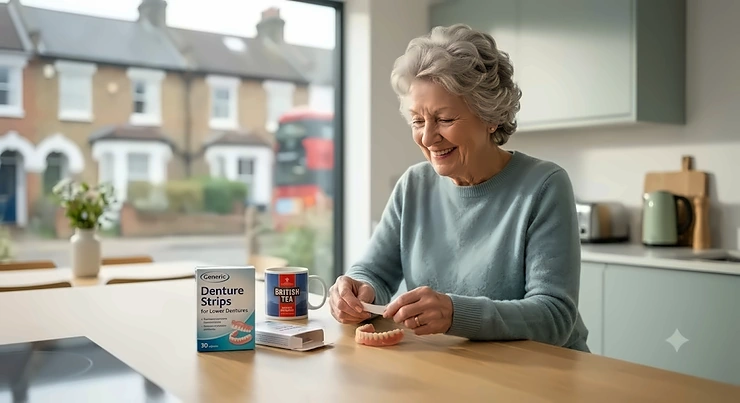 A woman smiling confidently while using adhesive denture strips for lower dentures, providing a secure and comfortable fit. denture strips for lower dentures