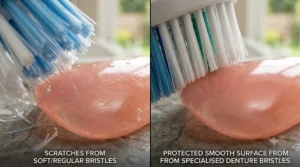 Side-by-side comparison illustrating how soft-yet-firm denture bristles prevent surface scratches on acrylic.