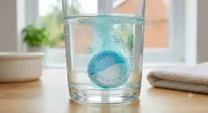 A close-up of an effervescent denture tablet dissolving in a glass of water.