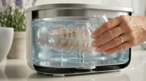 A person pouring water into the stainless steel basin of an ultrasonic denture cleaner.