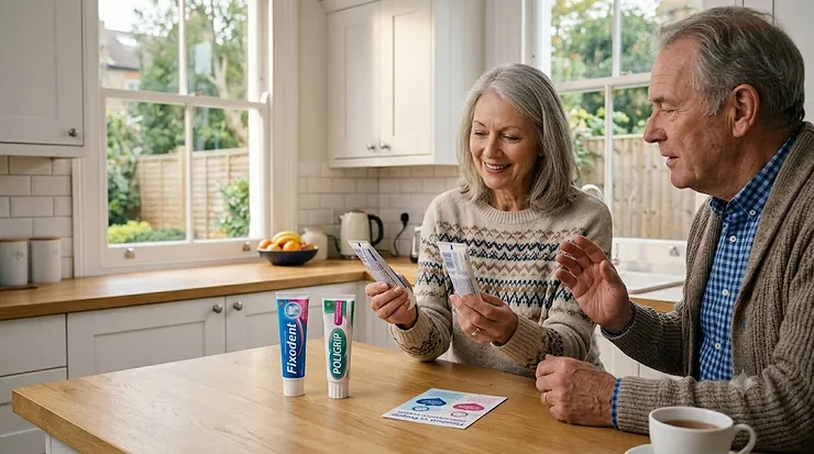 A candid, natural photo of a British couple comparing Fixodent and Poligrip denture creams in a modern, light-filled UK kitchen. Fixodent vs Poligrip cream