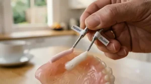A side-by-side visual comparison showing the distinct texture and consistency of Fixodent and Poligrip adhesive creams.