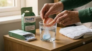 Dentures being cleaned in a glass of water with an effervescent cleansing tablet on a bedside table.