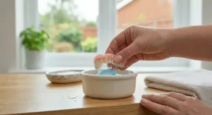 A person carefully holding dentures before placing them into a cleaning solution.
