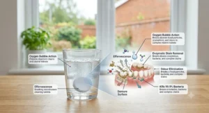 A diagram illustrating how effervescent tablets clean and sanitise dentures.