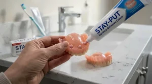 Close-up of hands applying small, precise dots of denture adhesive cream onto the surface of a clean denture plate.