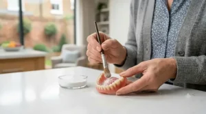 Step-by-step guide showing how to carefully sprinkle denture adhesive powder onto a clean, dry denture using a small brush.
