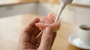 A detailed, photorealistic close-up demonstrating the correct technique for applying adhesive cream to a denture.
