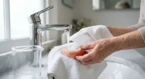 An illustration showing how to clean and dry lower dentures before applying adhesive strips.