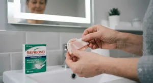 Step-by-step illustration of applying Seabond denture fixative strips.