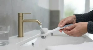 Rinsing a denture brush under running tap water as part of a routine denture hygiene process.