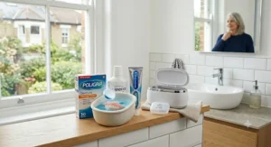 A step-by-step guide illustrating the correct way to soak and brush removable dentures.