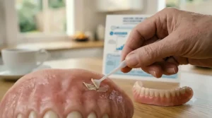 A helpful, photorealistic guide demonstrating the correct and safe method for removing adhesive residue from the gums.