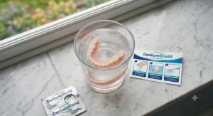 A step-by-step guide on a marble surface showing how to use an effervescent tablet to clean dentures in a glass of water.