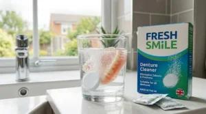 A dental appliance being soaked in a glass with a cleaning tablet to effectively remove bad smells and maintain hygiene.
