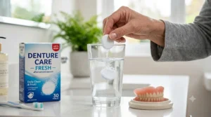 A close-up of a hand dropping an effervescent denture cleaning tablet into a glass of water.