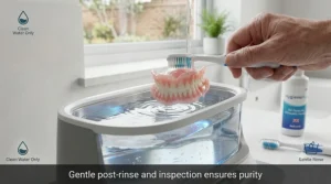 A sequential illustration detailing the three essential steps to operate an ultrasonic cleaning device for dentures.