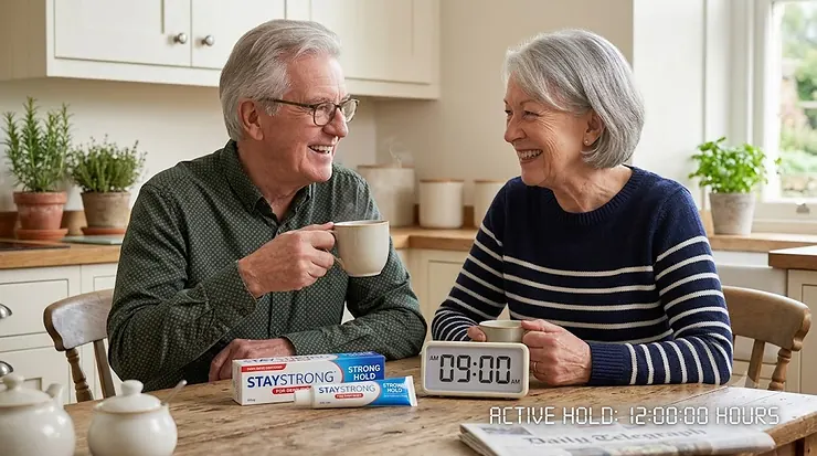 An illustration representing a 12-hour strong hold for dentures during daily activities. strongest denture adhesive
