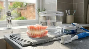 A clean, sparkling denture resting on a towel next to cleaning tools, signifying proper care for fresh-smelling results.