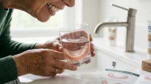 Close-up of a person smiling while holding a glass of water containing their dentures for overnight soaking.