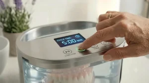 Close-up of dentures being carefully submerged into an ultrasonic cleaning device.