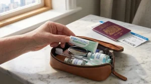 A small, travel-sized tube of reliable denture adhesive kept in a neat washbag.