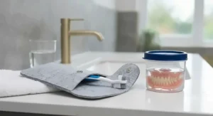 A portable denture brush placed inside a felt storage case, with a soaking pot nearby.