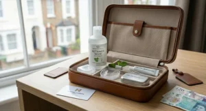A professional travel-sized kit for orthodontic appliances, including a bottle of retainer soak mouthwash, neatly packed in a leather case.