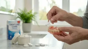 Hands holding a set of dentures near a glass of water as a cleaning tablet is about to be added.