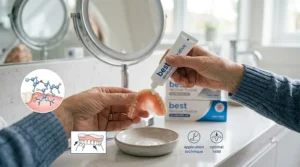 Close-up demonstration showing the placement of denture adhesive to create a seal against food particles.