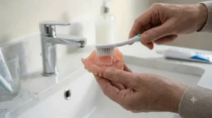 Hands using a soft toothbrush to gently clean and remove residual denture adhesive cream from a denture surface over a bathroom sink.