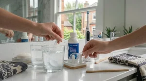A comparison graphic showing a clean retainer after using solution versus a cloudy retainer cleaned with water alone.