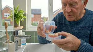 A man using a small dental mirror to check his dentures for cleanliness, with a bottle of denture cleaning solution visible on the counter.