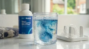 An infographic illustrating the steps to keep your retainer free from bacteria using the correct cleaning solution.