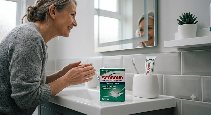 Seabond denture fixative strips packaging showing all-day hold benefits. Seabond denture fixative strips
