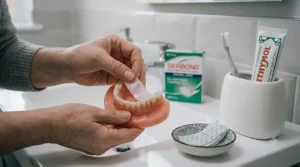 Correct placement of Seabond lower denture fixative strips.