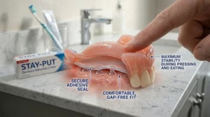 An anatomical demonstration showing how denture adhesive cream creates a secure seal between the denture and gums for maximum stability.