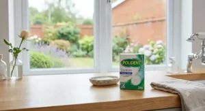 A box of Steradent denture cleaning tablets on a neutral surface.