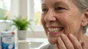A person carefully removing clean, fresh dentures from a hygienic storage container.