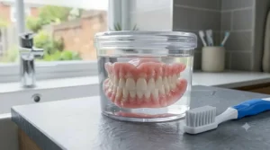 A dental plate stored safely in a clean water-filled container to keep the appliance hydrated and hygienic overnight.