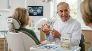 A dentist demonstrating the proper positioning of dentures using a model in a modern clinical setting.