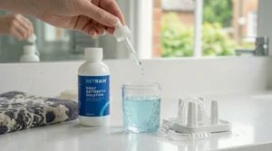 A compact, travel-sized bottle of retainer cleaning solution sitting next to a toothbrush and travel case.