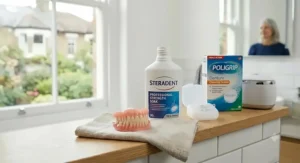 Different types of denture soak solutions, including effervescent tablets and gel cleaners.