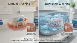 A technical illustration showing how ultrasonic sound waves create cavitation bubbles to clean a submerged denture.